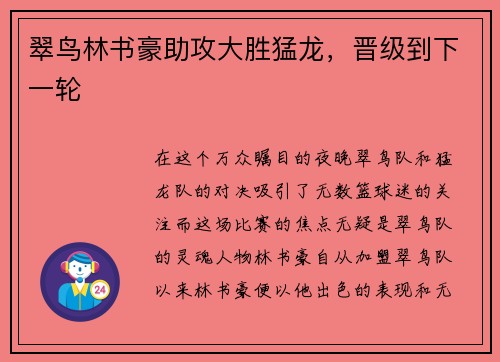 翠鸟林书豪助攻大胜猛龙，晋级到下一轮